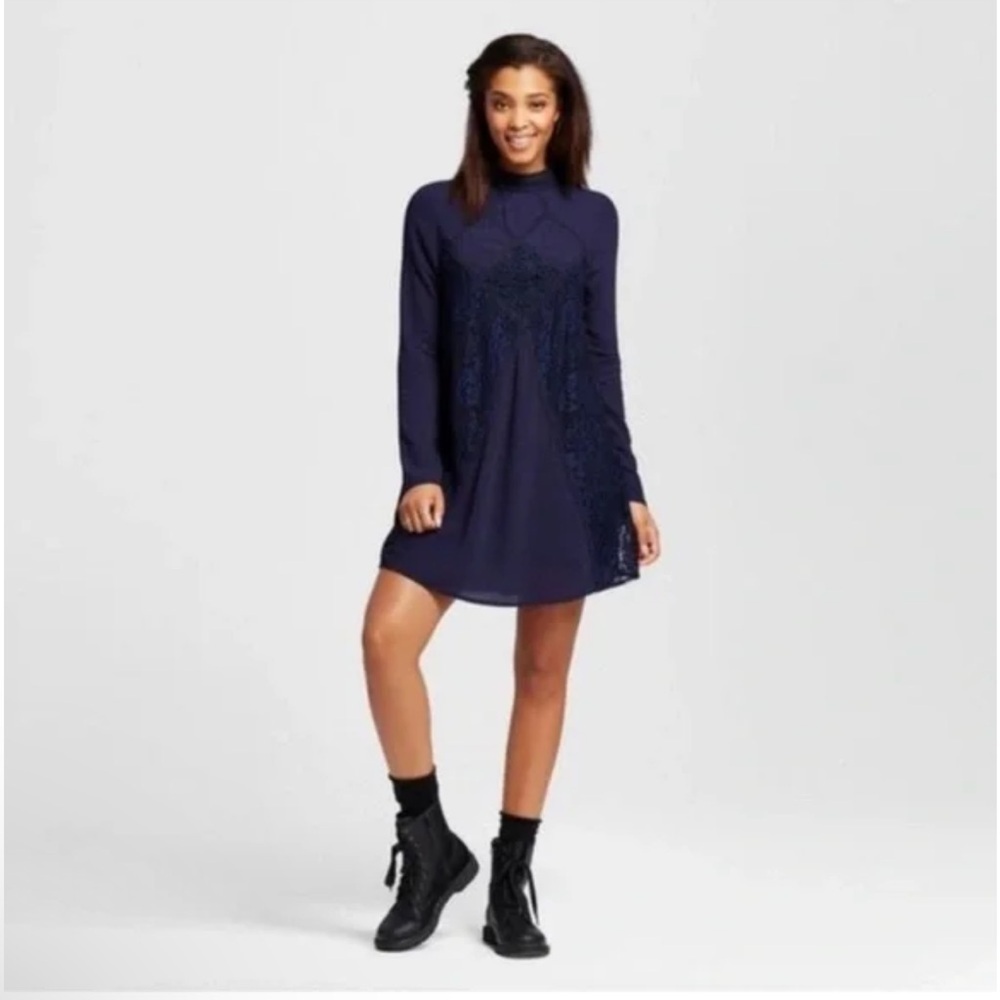 MEDIUM XHILARATION Lace Sheer Midi Dress Navy Blue